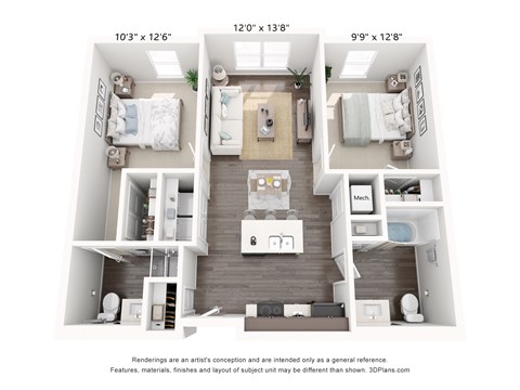 Floor plan for 2 beds, 2 baths, 934 sqft